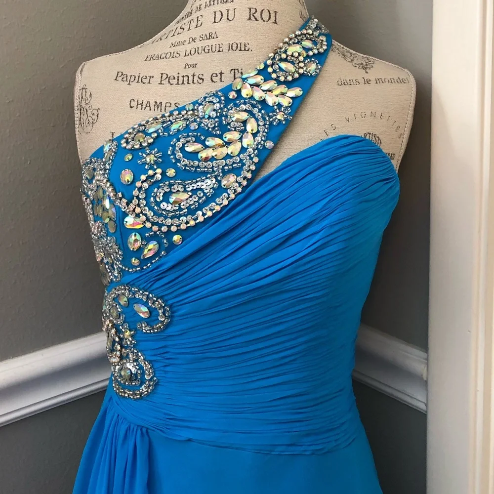NEW PANOPLY SZ 8 TURQUOISE ONE SHOULDER JEWELED DRAPE FORMAL GOWN - Picture 3 of 9